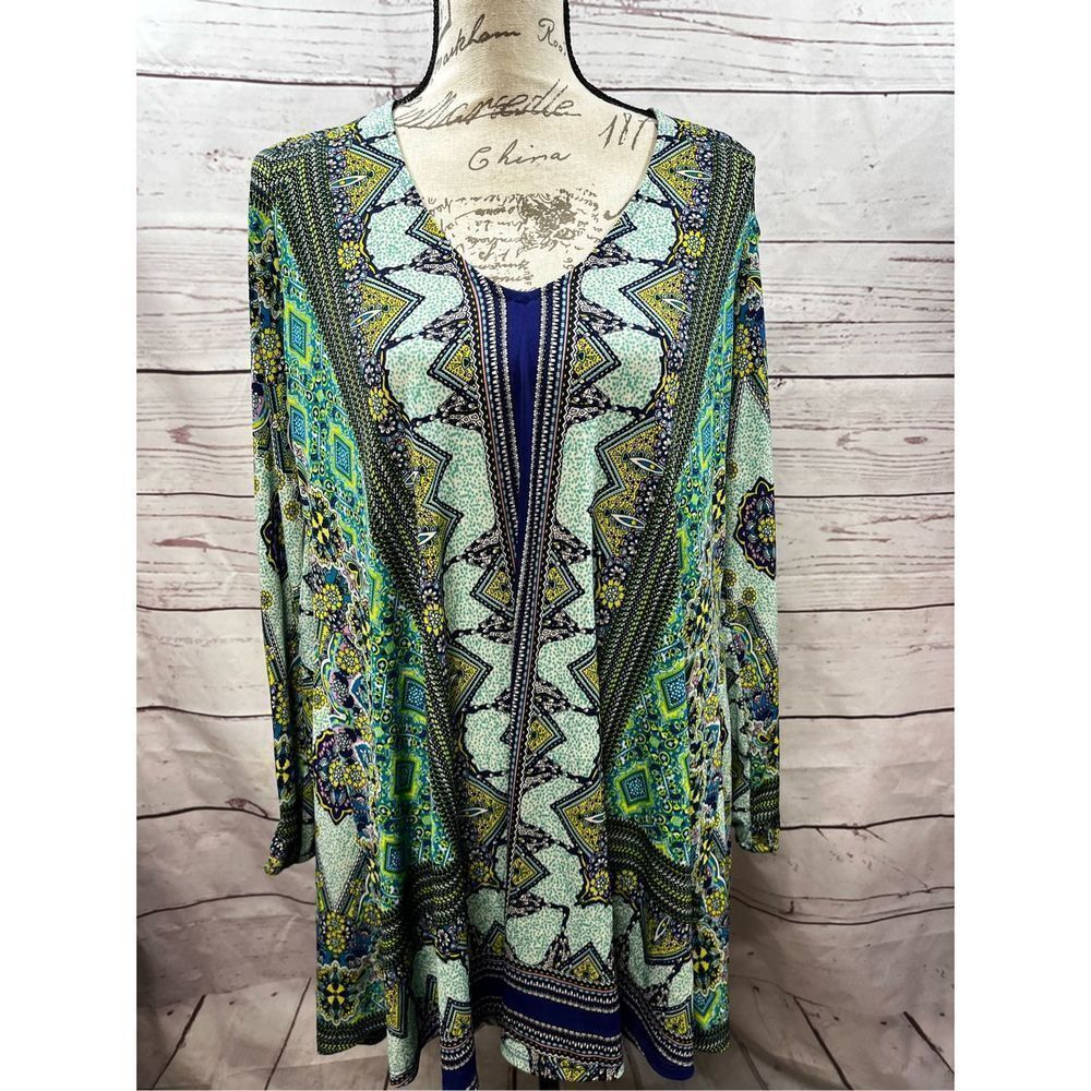 Geometric Print Dress V Neck‎ Long Sleeve Tunic Mini Dress Colorful
